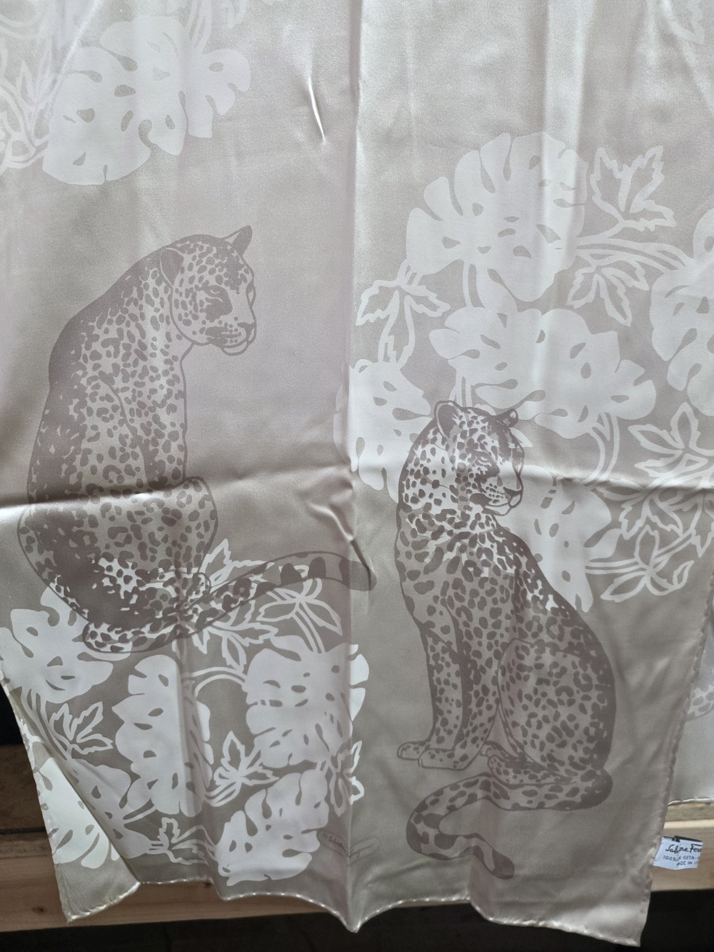 Salvatore Ferragamo Beige and White Leopard Print Silk Scarf